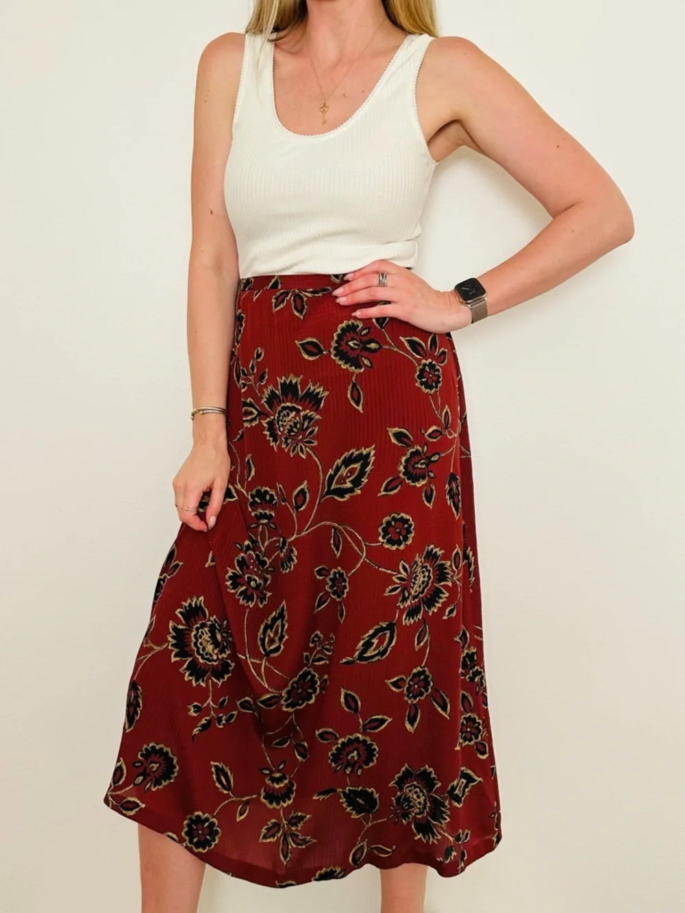 Vintage Jones New York 100% Silk Floral Maxi Skirt Red Black Boho Size 14 - Picture 2 of 10